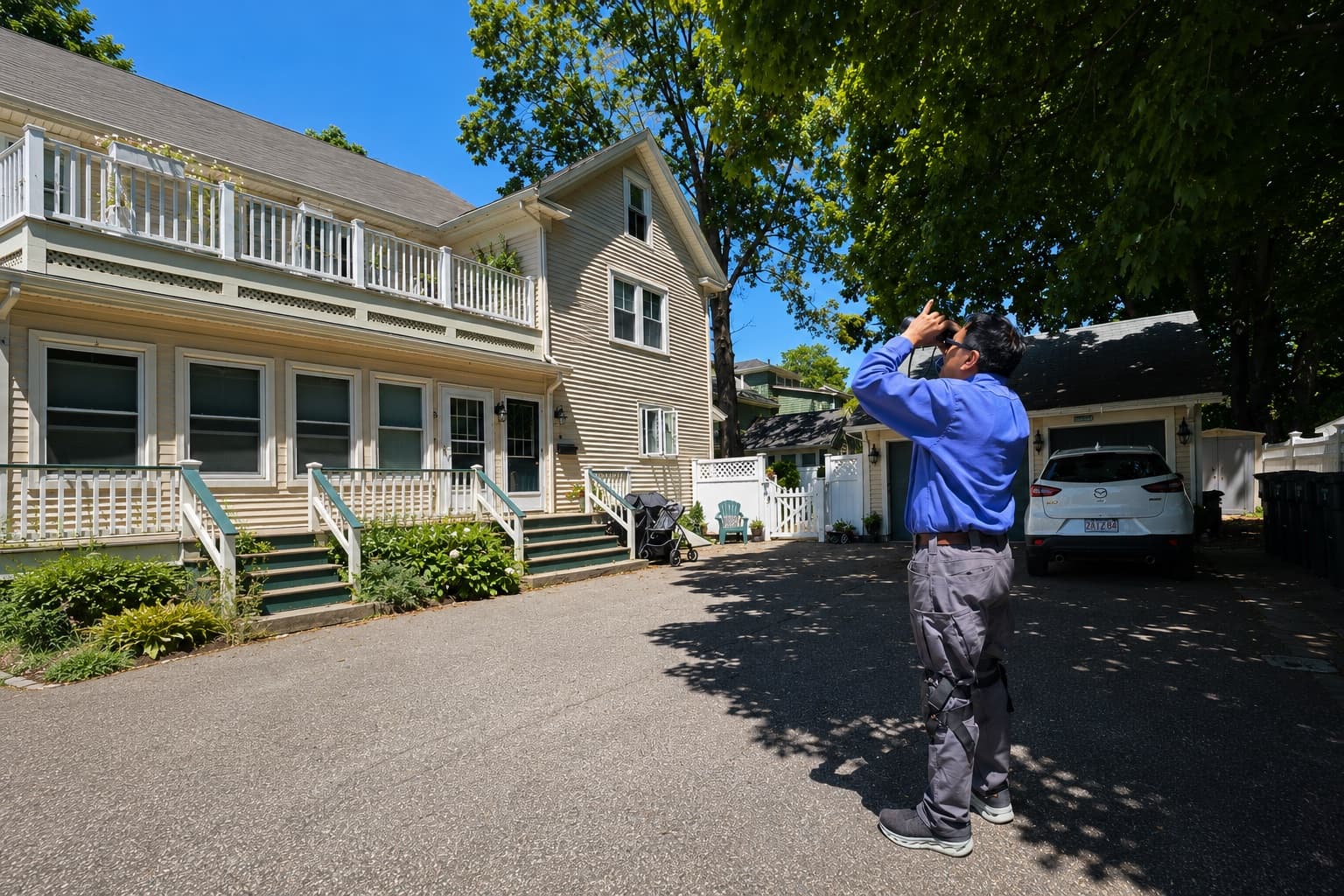 A Mass Integrity inspector photographing the roofline of a New England home